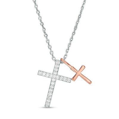 0.086 CT. T.W. Diamond Double Cross Pendant in Sterling Silver and 10K Rose Gold