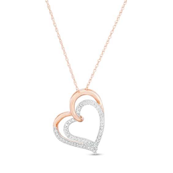 0.085 CT. T.W. Diamond Double Tilted Heart Pendant in 10K Rose Gold