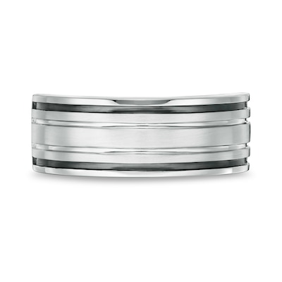 Vera Wang Love Collection Men's Grooved Wedding Band in 14K White Gold and Black Rhodium