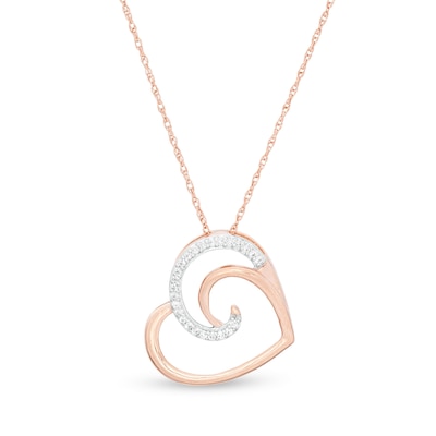 0.04 CT. T.W. Diamond Swirl Tilted Heart Pendant in 10K Rose Gold