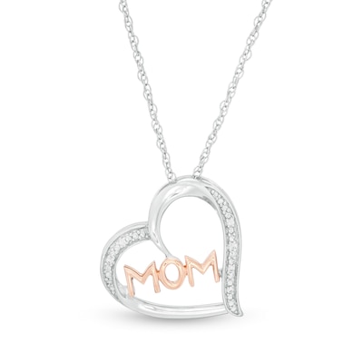 Diamond Accent "MOM" Tilted Heart Pendant in Sterling Silver and 10K Rose Gold