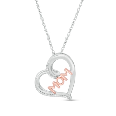 0.04 CT. T.W. Diamond "MOM" Tilted Heart Pendant in Sterling Silver and 10K Rose Gold