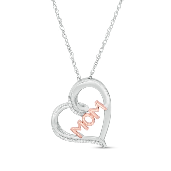 0.04 CT. T.W. Diamond "MOM" Tilted Heart Pendant in Sterling Silver and 10K Rose Gold