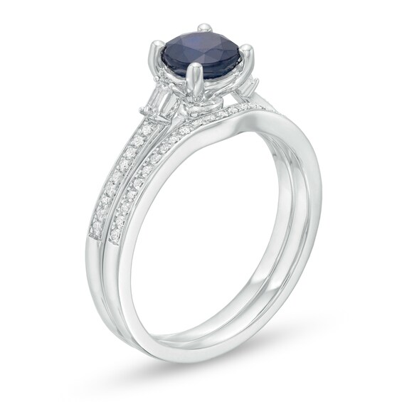 6.0mm Blue Sapphire and 0.20 CT. T.W. Diamond Bridal Set in 14K White Gold