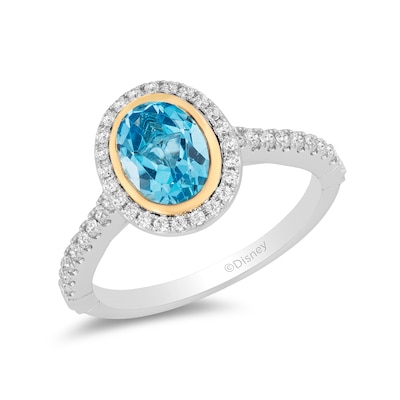 Enchanted Disney Jasmine Oval Swiss Blue Topaz and 0.23 CT. T.W. Diamond Frame Engagement Ring in 14K Two-Tone Gold