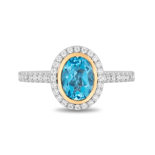 Enchanted Disney Jasmine Oval Swiss Blue Topaz and 0.23 CT. T.W. Diamond Frame Engagement Ring in 14K Two-Tone Gold