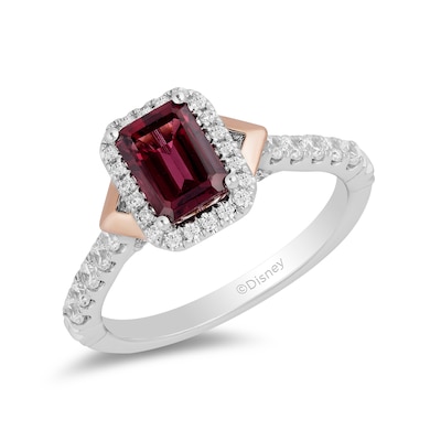 Enchanted Disney Mulan Emerald-Cut Rhodolite Garnet and 0.45 CT. T.W. Diamond Frame Engagement Ring in 14K Two-Tone Gold