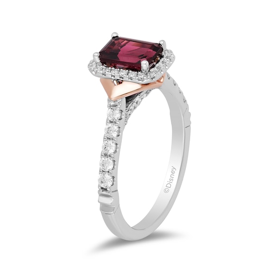 Enchanted Disney Mulan Emerald-Cut Rhodolite Garnet and 0.45 CT. T.W. Diamond Frame Engagement Ring in 14K Two-Tone Gold