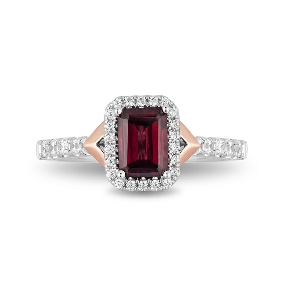 Enchanted Disney Mulan Emerald-Cut Rhodolite Garnet and 0.45 CT. T.W. Diamond Frame Engagement Ring in 14K Two-Tone Gold