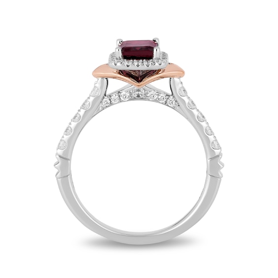 Enchanted Disney Mulan Emerald-Cut Rhodolite Garnet and 0.45 CT. T.W. Diamond Frame Engagement Ring in 14K Two-Tone Gold