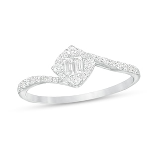 0.25 CT. T.W. Baguette and Round Diamond Tilted Cushion Frame Bypass Ring in 10K White Gold