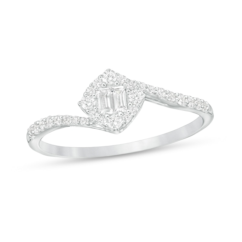 0.25 CT. T.W. Baguette and Round Diamond Tilted Cushion Frame Bypass Ring in 10K White Gold|Peoples Jewellers