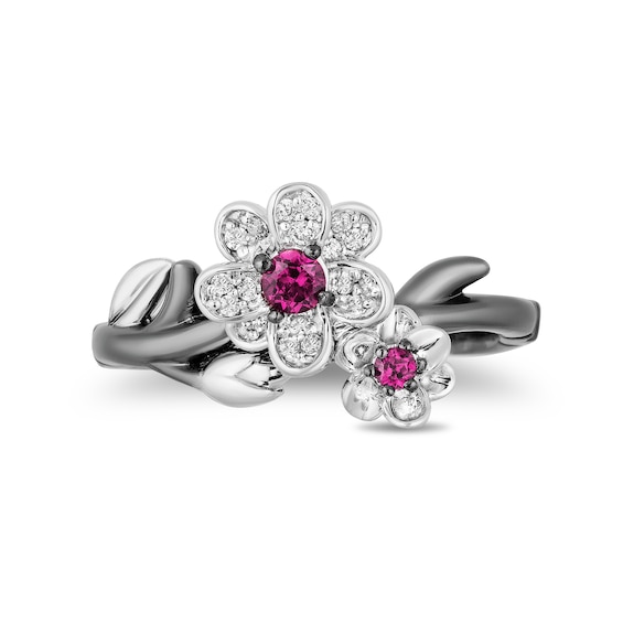 Enchanted Disney Mulan Live Action Rhodolite Garnet and 0.085 CT. T.W. Diamond Flower Ring in Sterling Silver