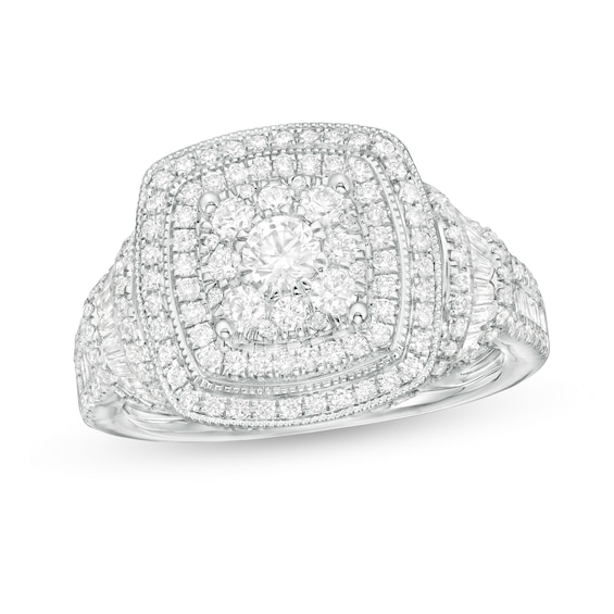 1.50 CT. T.W. Composite Diamond Triple Cushion Frame Vintage-Style Ring in 10K White Gold