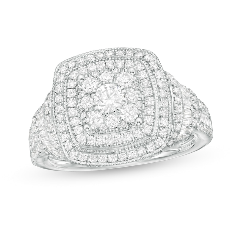 1.50 CT. T.W. Composite Diamond Triple Cushion Frame Vintage-Style Ring in 10K White Gold|Peoples Jewellers