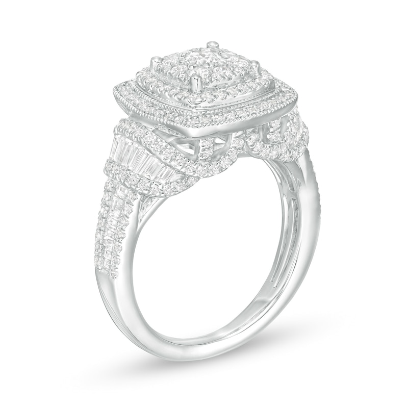 1.50 CT. T.W. Composite Diamond Triple Cushion Frame Vintage-Style Ring in 10K White Gold