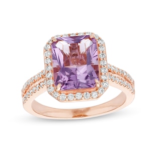 Emerald-Cut Rose de France Amethyst and 0.45 CT. T.W. Diamond Frame Double Row Engagement Ring in 14K Rose Gold