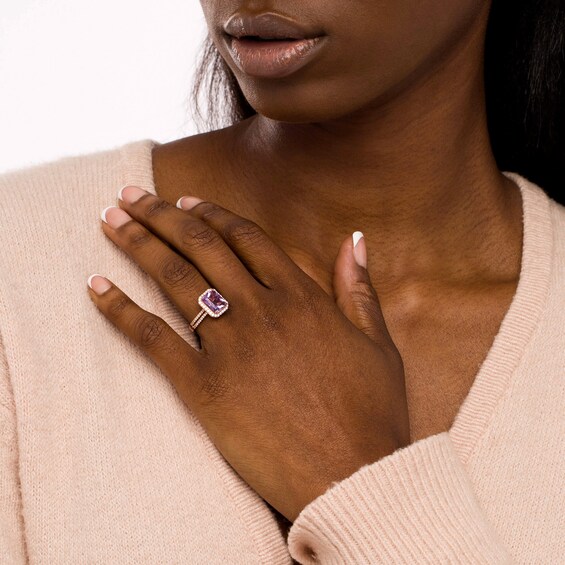 Emerald-Cut Rose de France Amethyst and 0.45 CT. T.W. Diamond Frame Double Row Engagement Ring in 14K Rose Gold