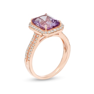 Emerald-Cut Rose de France Amethyst and 0.45 CT. T.W. Diamond Frame Double Row Engagement Ring in 14K Rose Gold