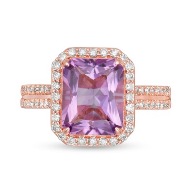 Emerald-Cut Rose de France Amethyst and 0.45 CT. T.W. Diamond Frame Double Row Engagement Ring in 14K Rose Gold