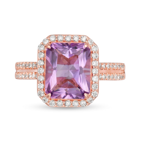 Emerald-Cut Rose de France Amethyst and 0.45 CT. T.W. Diamond Frame Double Row Engagement Ring in 14K Rose Gold