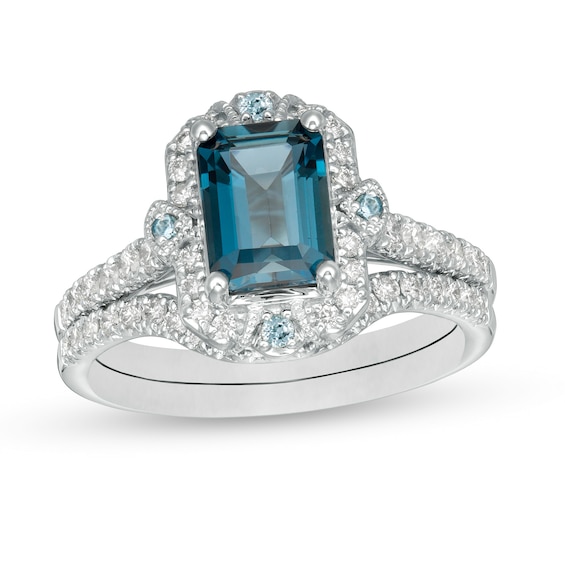 Emerald-Cut London Blue Topaz and 0.50 CT. T.W. Diamond Ornate Frame Vintage-Style Bridal Set in 14K White Gold