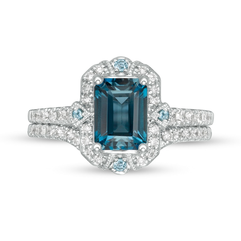 Main Image 4 of Emerald-Cut London Blue Topaz and 0.50 CT. T.W. Diamond Ornate Frame Vintage-Style Bridal Set in 14K White Gold