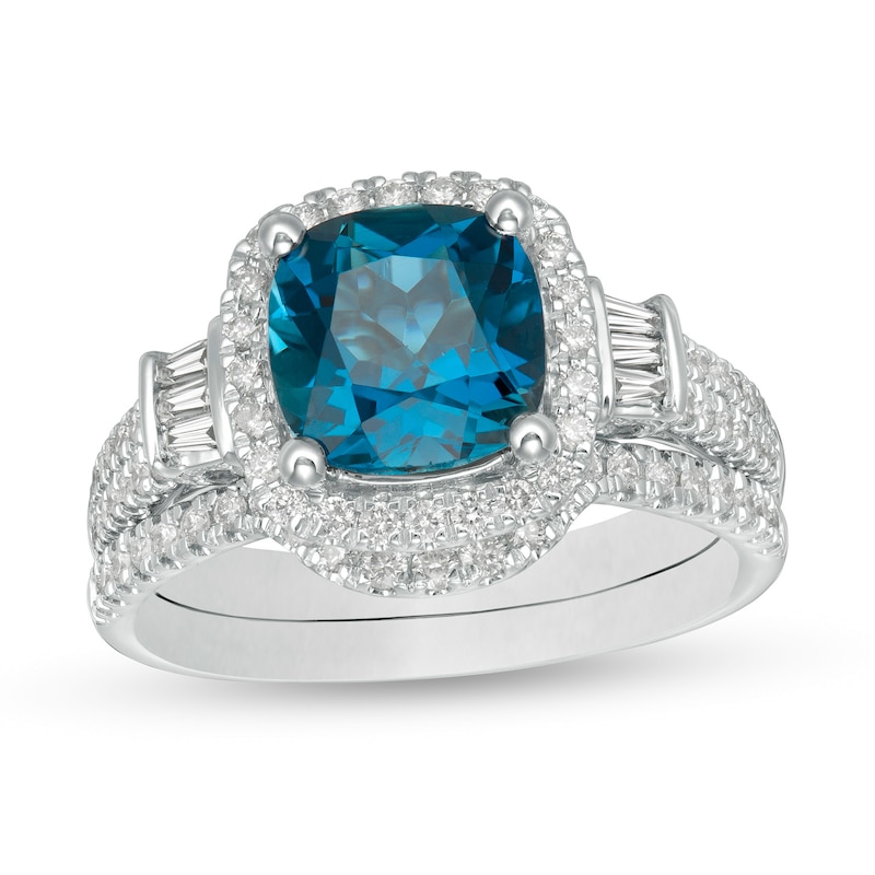 Cushion-Cut London Blue Topaz and 0.60 CT. T.W. Diamond Frame Double Row Bridal Set in 14K White Gold|Peoples Jewellers