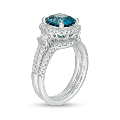 Cushion-Cut London Blue Topaz and 0.60 CT. T.W. Diamond Frame Double Row Bridal Set in 14K White Gold