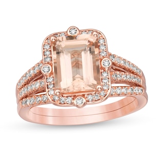 Emerald-Cut Morganite and 0.40 CT. T.W. Diamond Frame Split Shank Bridal Set in 14K Rose Gold