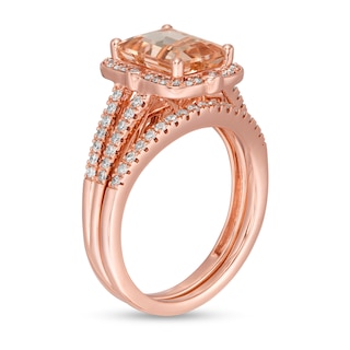 Emerald-Cut Morganite and 0.40 CT. T.W. Diamond Frame Split Shank Bridal Set in 14K Rose Gold