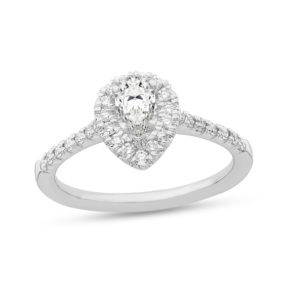 0.79 CT. T.W. Diamond Pear-Shaped Diamond Frame Engagement Ring in Platinum