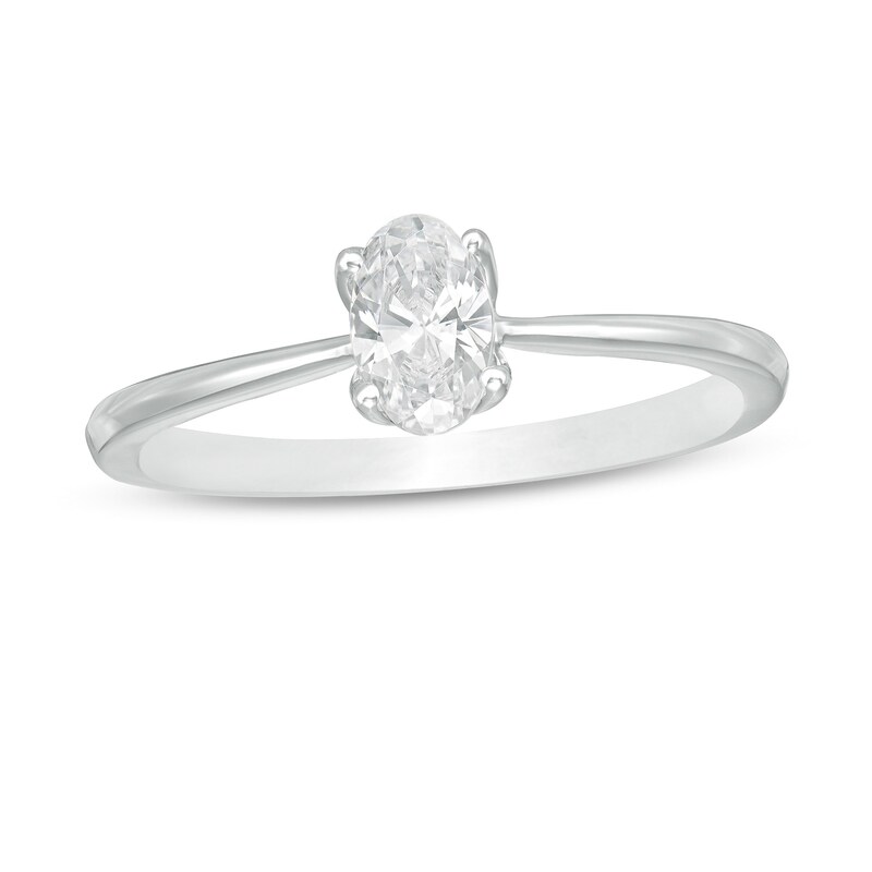 Main Image 1 of Trouvaille Collection 0.50 CT. DeBeers®-Graded Oval Diamond Solitaire Engagement Ring in 18K White Gold (F/SI2)