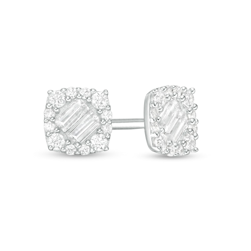 0.20 CT. T.W. Baguette and Round Diamond Cushion Frame Stud Earrings in 10K White Gold|Peoples Jewellers