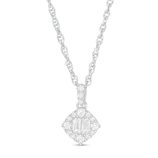 0.15 CT. T.W. Baguette and Round Diamond Tilted Cushion Frame Pendant in 10K White Gold