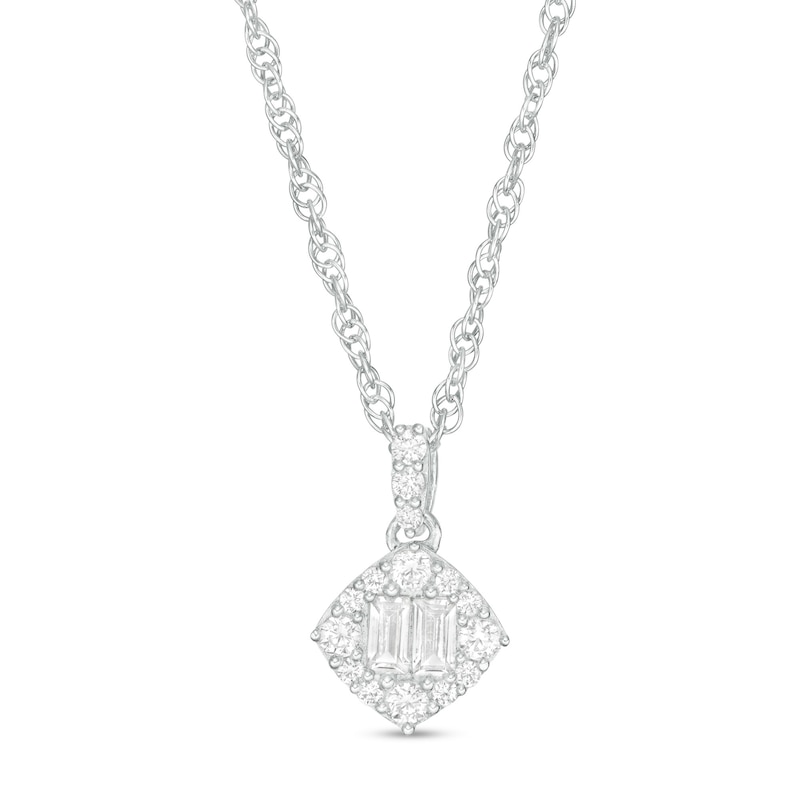 0.15 CT. T.W. Baguette and Round Diamond Tilted Cushion Frame Pendant in 10K White Gold