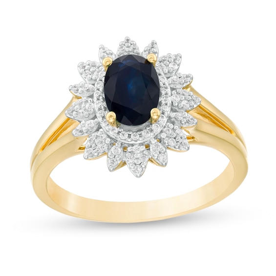 Oval Blue Sapphire and 0.18 CT. T.W. Diamond Flower Frame Split Shank Ring in 10K Gold