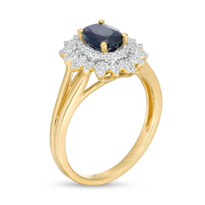 Oval Blue Sapphire and 0.18 CT. T.W. Diamond Flower Frame Split Shank Ring in 10K Gold