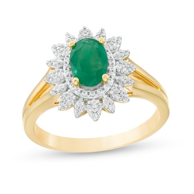 Oval Emerald and 0.20 CT. T.W. Diamond Flower Frame Split Shank Ring in 10K Gold