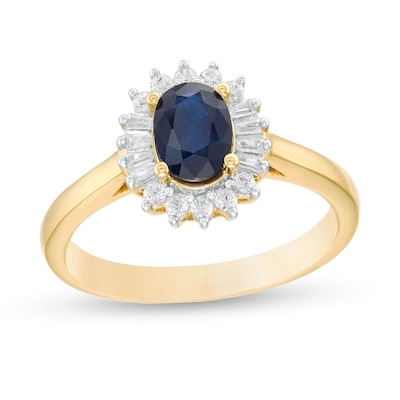 Oval Blue Sapphire and 0.20 CT. T.W. Baguette and Round Diamond Starburst Frame Ring in 10K Gold