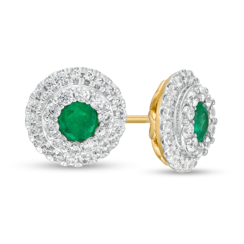 4.0mm Emerald and 0.50 CT. T.W. Diamond Double Frame Stud Earrings in 10K Gold|Peoples Jewellers