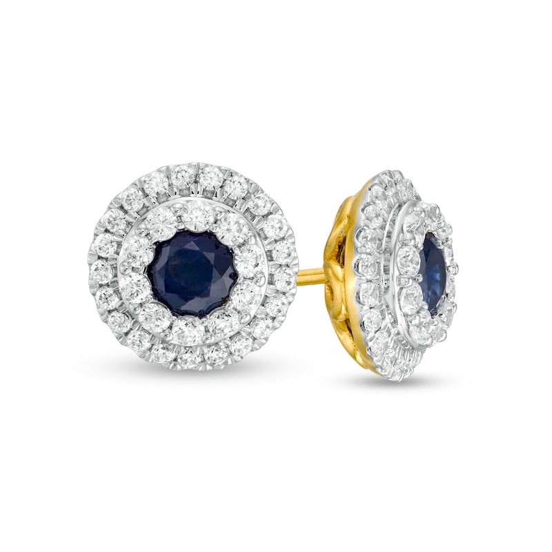 4.0mm Blue Sapphire and 0.50 CT. T.W. Diamond Double Frame Stud Earrings in 10K Gold|Peoples Jewellers