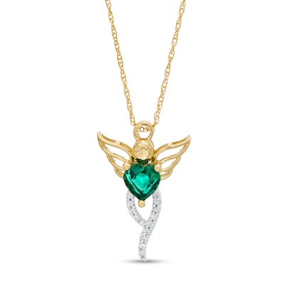 5.0mm Heart-Shaped Lab-Created Emerald and 0.04 CT. T.W. Diamond Angel Pendant in 10K Gold