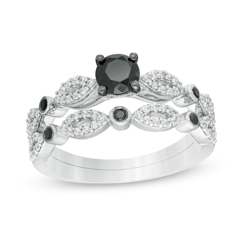 0.69 CT. T.W. Enhanced Black and White Diamond Alternating Marquise Frame Bridal Set in 10K White Gold|Peoples Jewellers