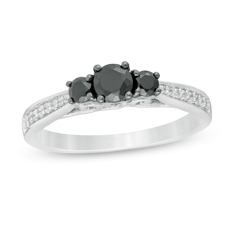0.45 CT. T.W. Enhanced Black and White Diamond Three Stone Engagement Ring in Sterling Silver|Peoples Jewellers