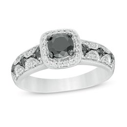 0.69 CT. T.W. Enhanced Black and White Diamond Cushion Frame Vintage-Style Engagement Ring in 10K White Gold