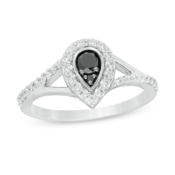 0.45 CT. T.W. Enhanced Black and White Diamond Pear-Shaped Frame Split Shank Engagement Ring in 10K White Gold