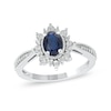 Thumbnail Image 0 of Oval Blue Sapphire and 0.10 CT. T.W. Diamond Sunburst Frame Vintage-Style Tapered Shank Ring in 10K White gold