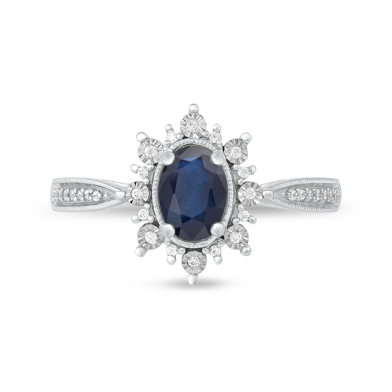 Oval Blue Sapphire and 0.10 CT. T.W. Diamond Sunburst Frame Vintage-Style Tapered Shank Ring in 10K White gold