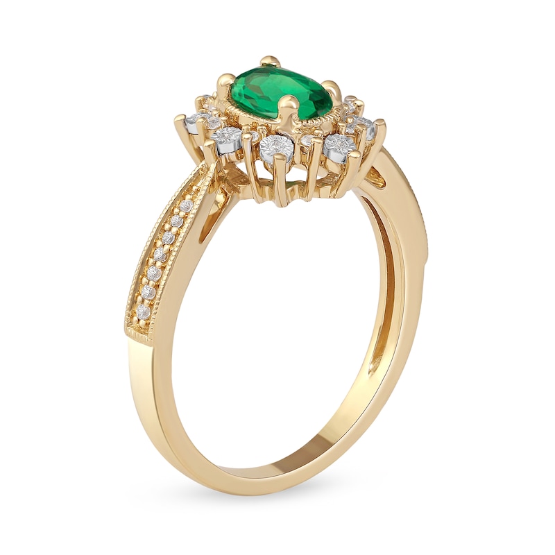 Oval Emerald and 0.10 CT. T.W. Diamond Sunburst Frame Vintage-Style Tapered Shank Ring in 10K Gold